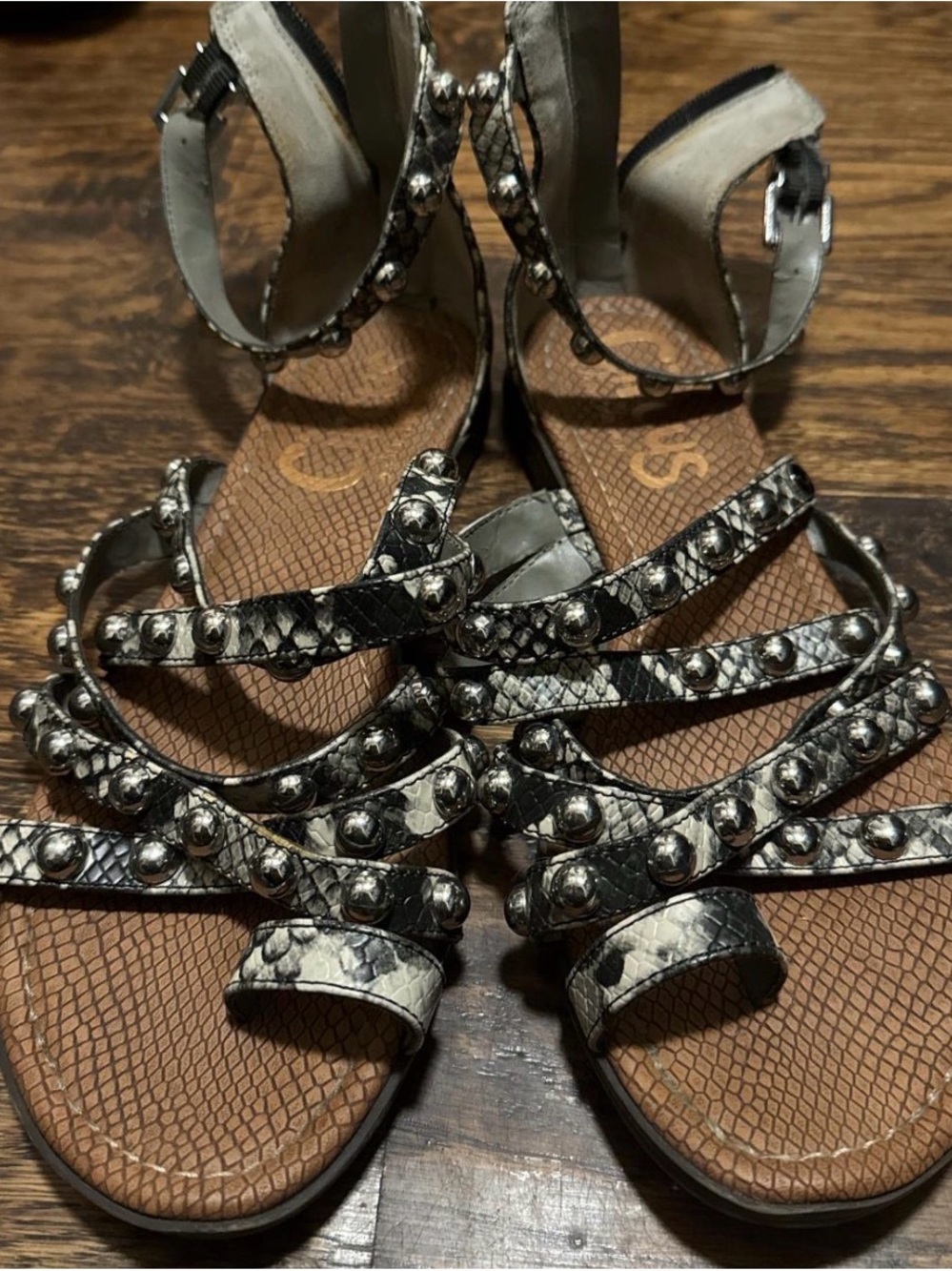 Circus by Sam Edelman Black and White Snake-Print Studded Gladiator Sandals